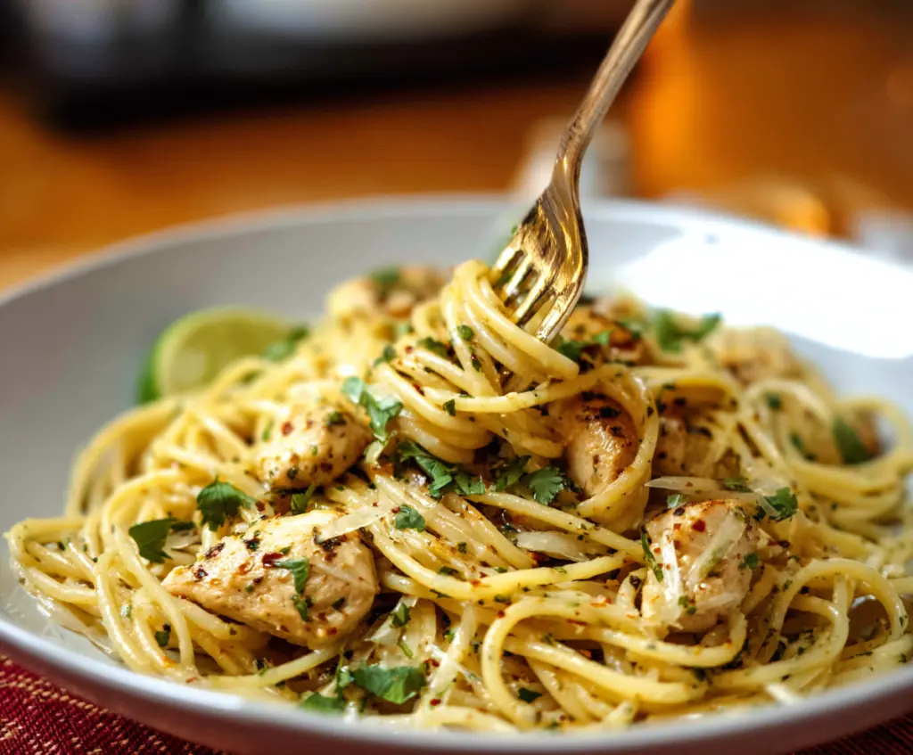Delicious cilantro lime chicken pasta dish garnished with fresh cilantro and lime slices