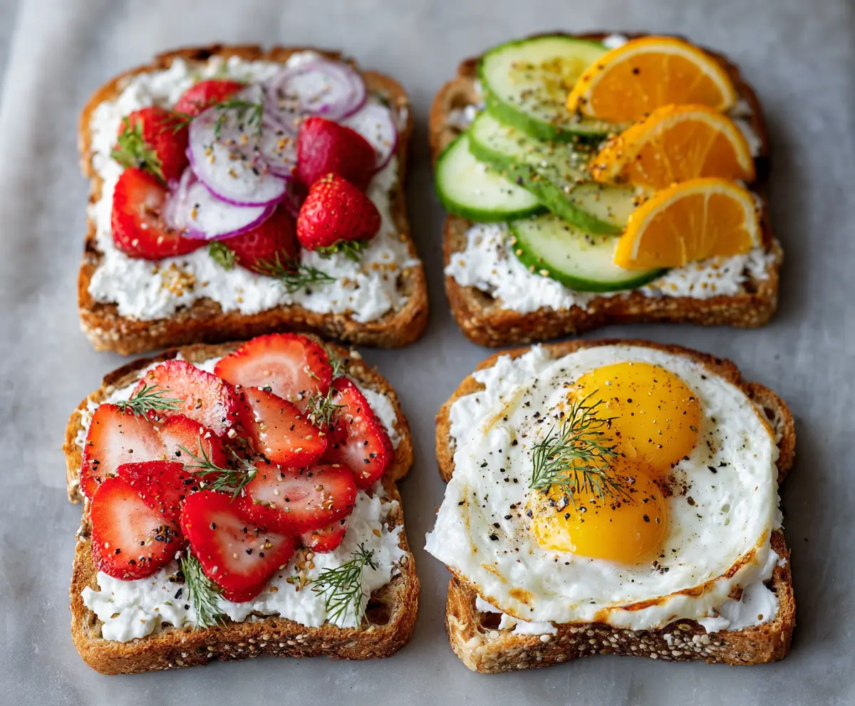 Healthy cottage cheese breakfast toast topped with fresh herbs and colorful vegetables, perfect for a nutritious morning meal.
