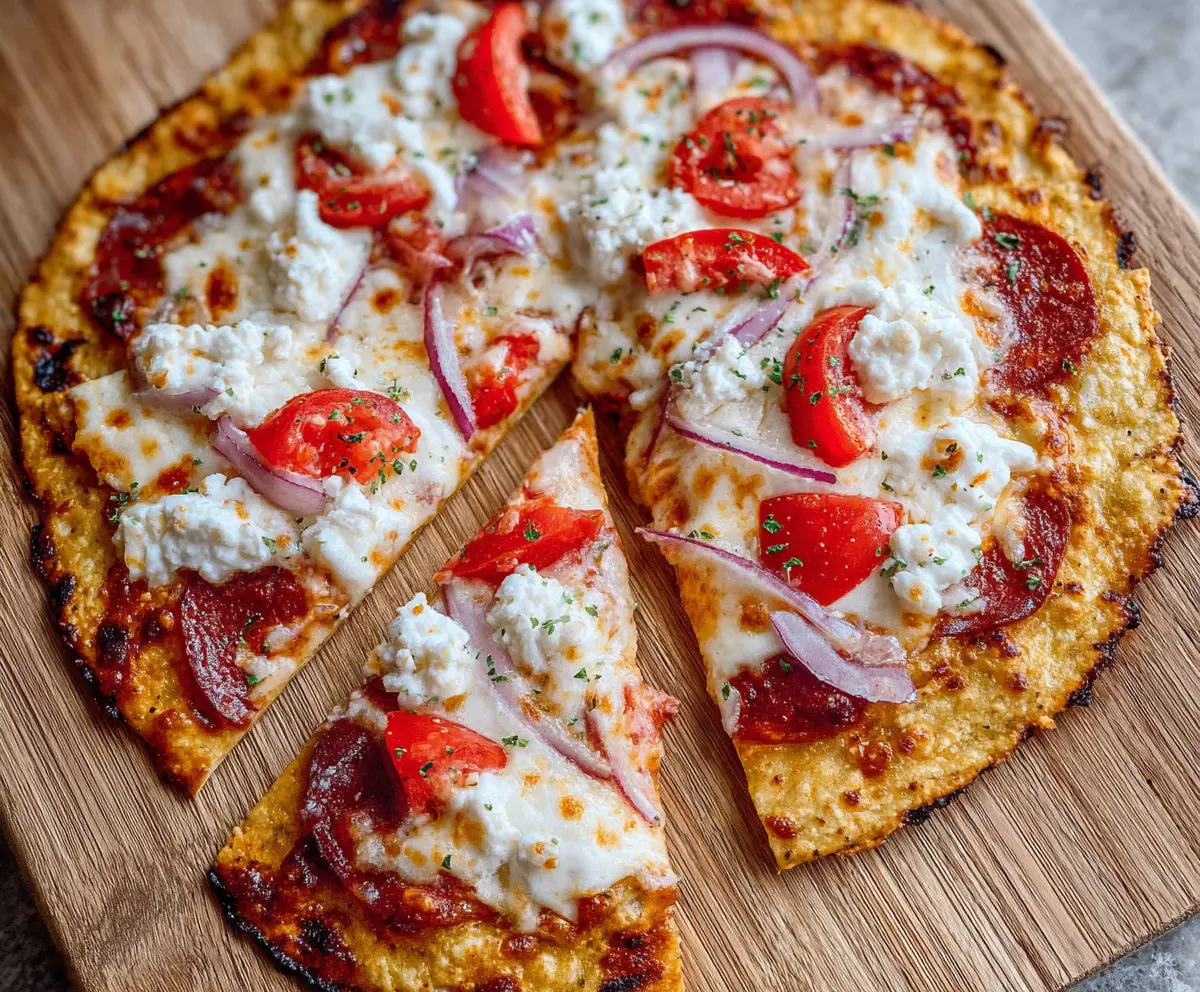 Delicious cottage cheese flatbread pizza topped with fresh vegetables and herbs.