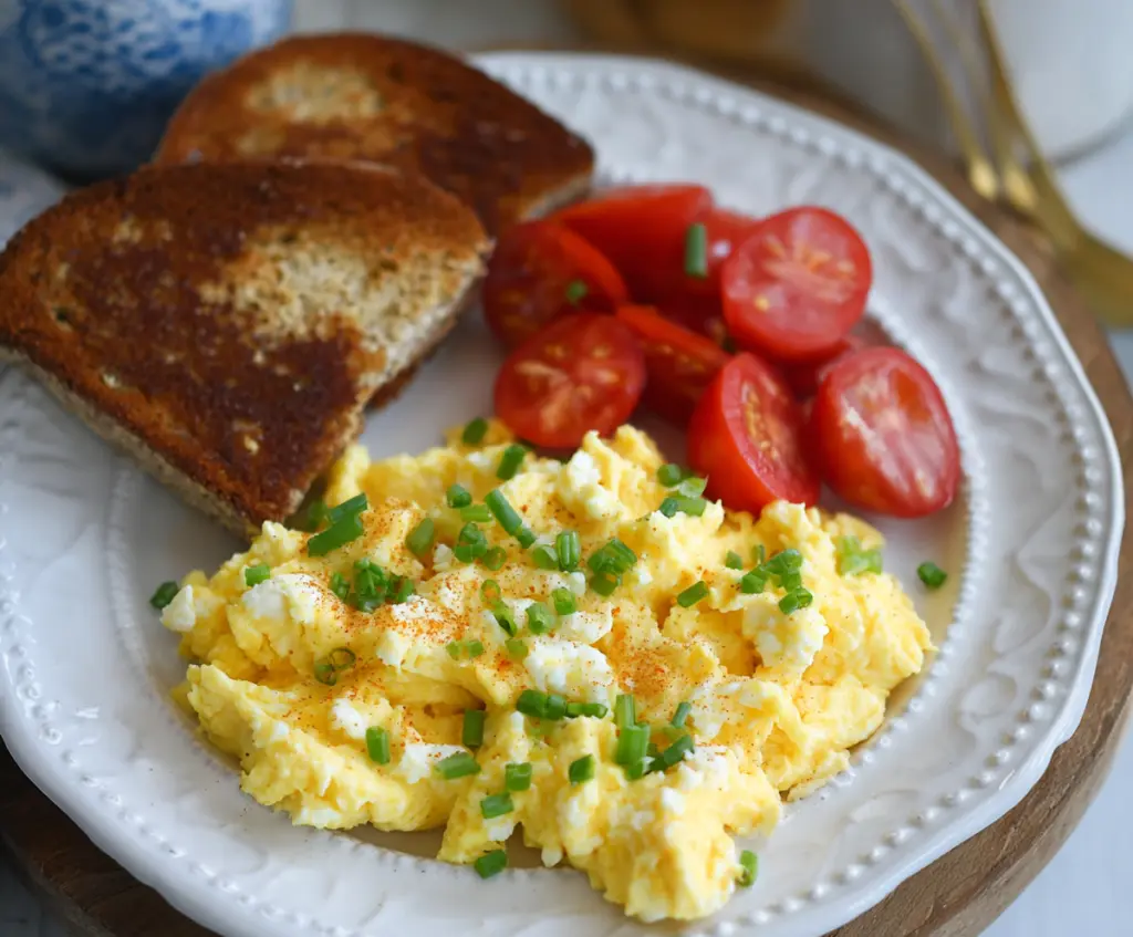 Delicious cottage cheese scrambled eggs in a bowl, a healthy breakfast option.