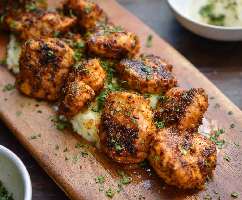 Juicy Cowboy Butter Chicken Bites garnished with fresh herbs on a rustic plate.