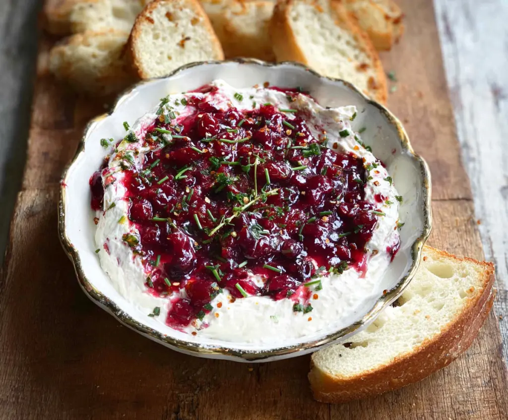 Creamy Cranberry Whipped Boursin Dip served with fresh fruit and crackers for a festive appetizer.