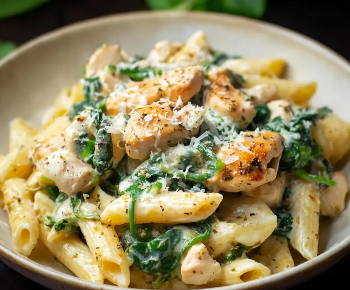 Creamy chicken spinach pasta dish served in a bowl, featuring tender chicken, fresh spinach, and creamy sauce.