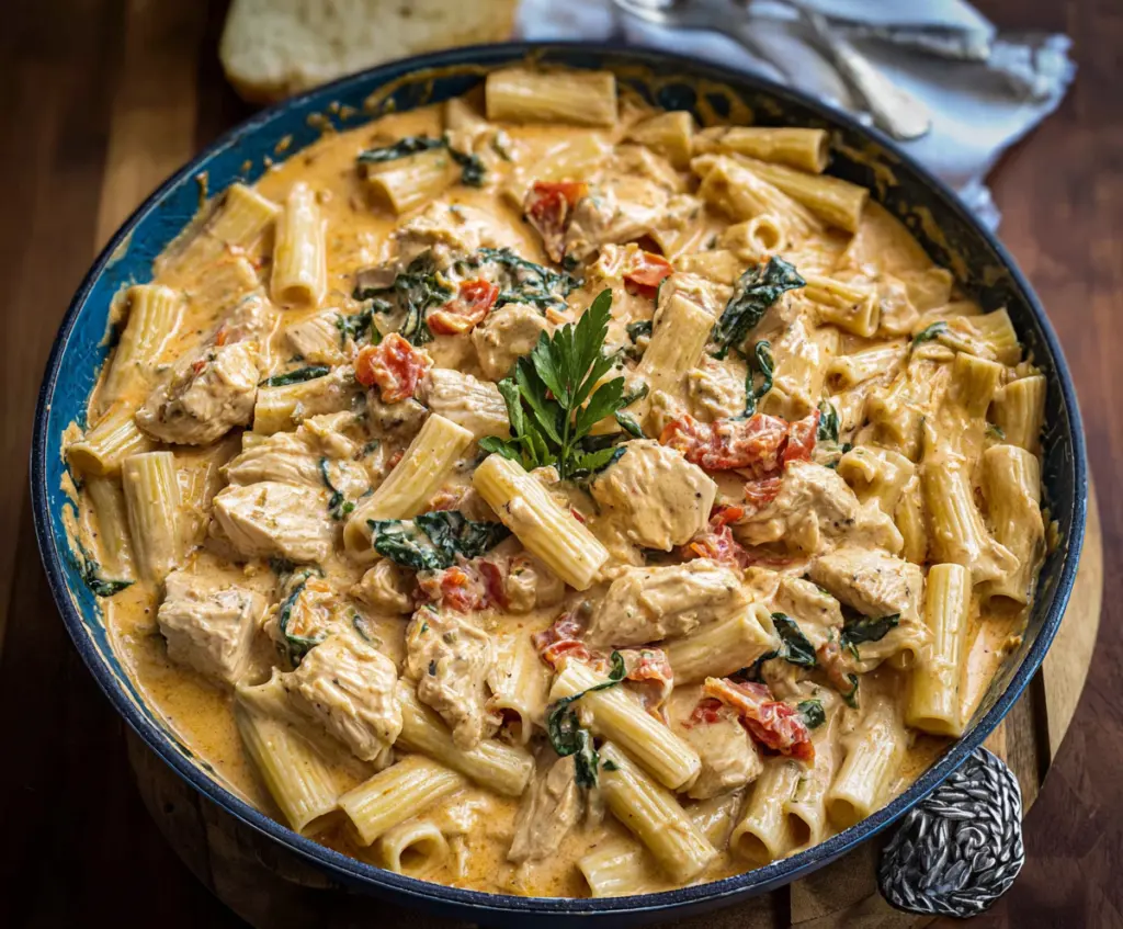 Creamy Tuscan Chicken Pasta dish with tender chicken, spinach, sun-dried tomatoes, and Parmesan cheese served over pasta.