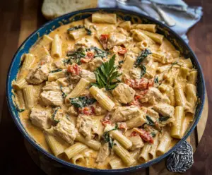 Creamy Tuscan Chicken Pasta dish with tender chicken, spinach, sun-dried tomatoes, and Parmesan cheese served over pasta.