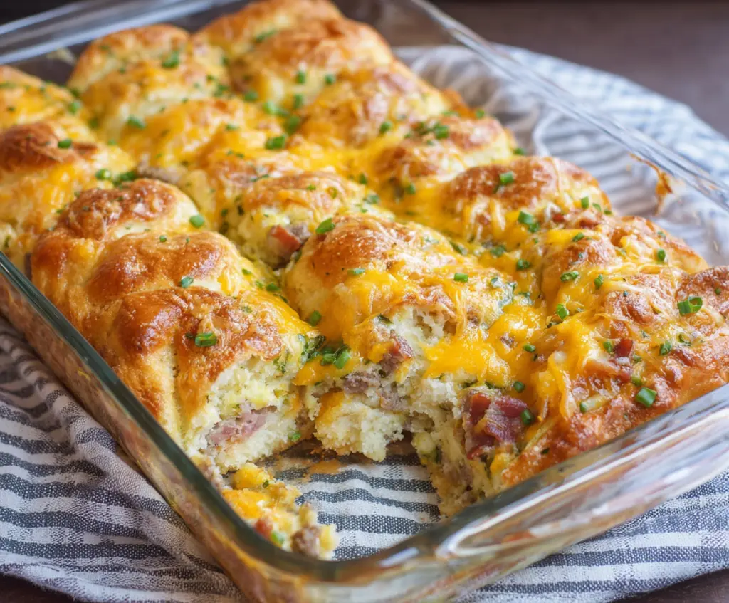 Delicious Crescent Roll Breakfast Casserole with eggs, sausage, and cheese in a baking dish