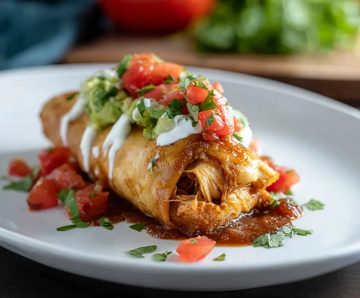Delicious crispy chicken chimichanga served with fresh toppings on a plate.