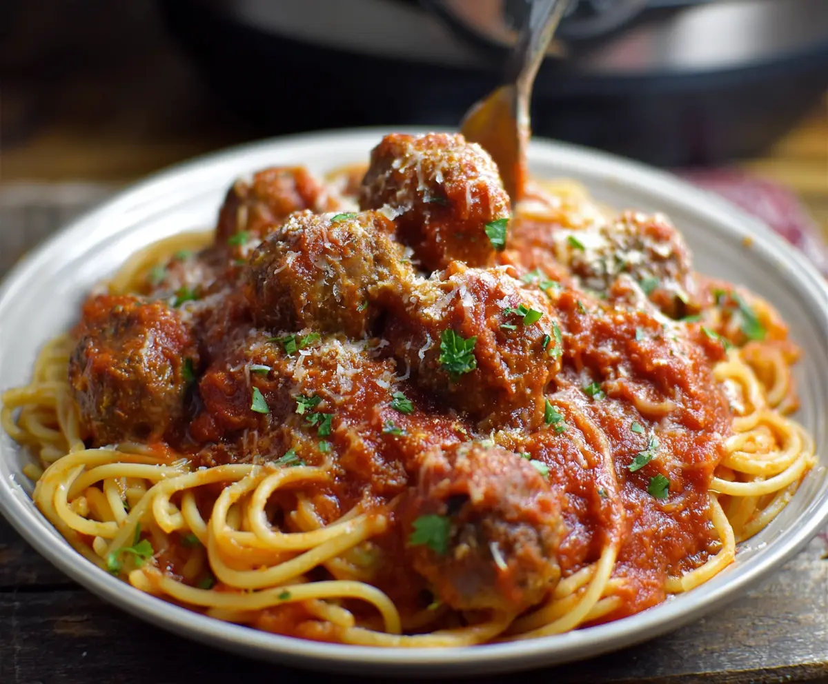 Delicious Crockpot Spaghetti and Meatballs served in a bowl, ready to enjoy.