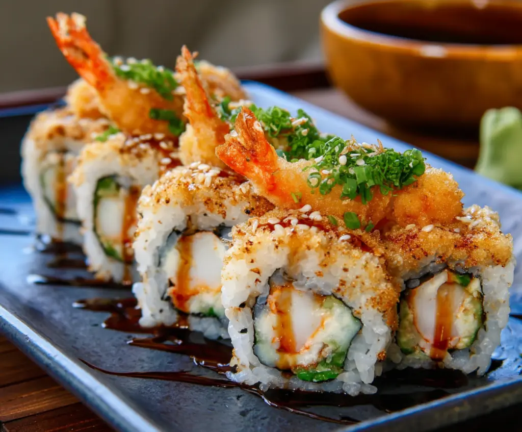 Delicious crunchy shrimp tempura sushi roll garnished with sesame seeds and fresh greens.