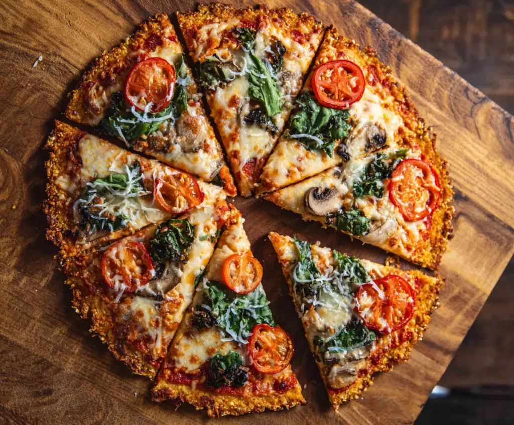 Baked crunchy tortilla pizza topped with melted cheese and fresh vegetables.