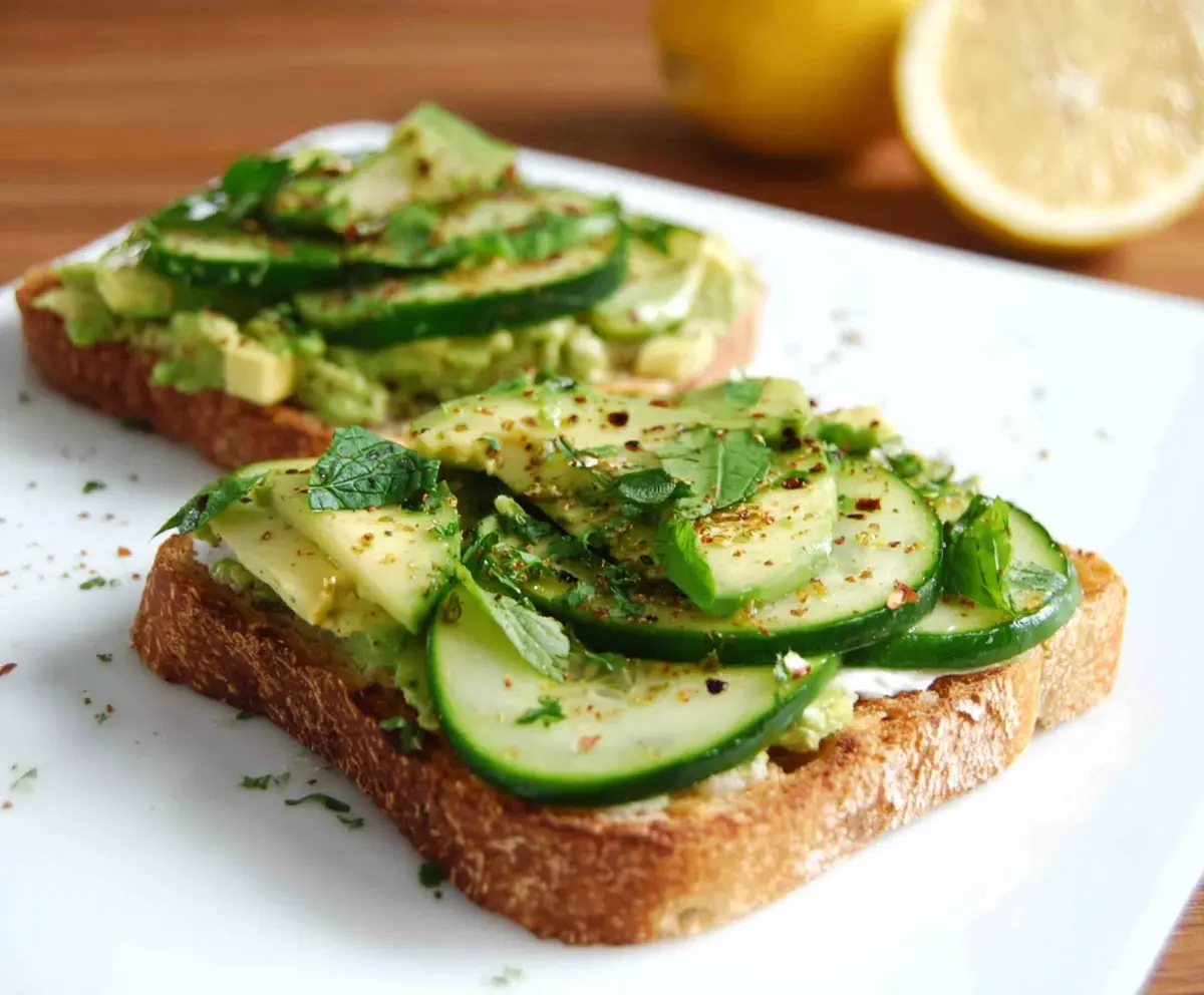 Fresh cucumber and avocado toast on whole grain bread, perfect for a healthy snack or breakfast.