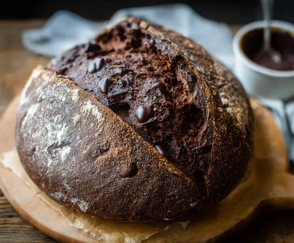 Homemade double chocolate sourdough bread with a crispy crust and rich chocolate swirls