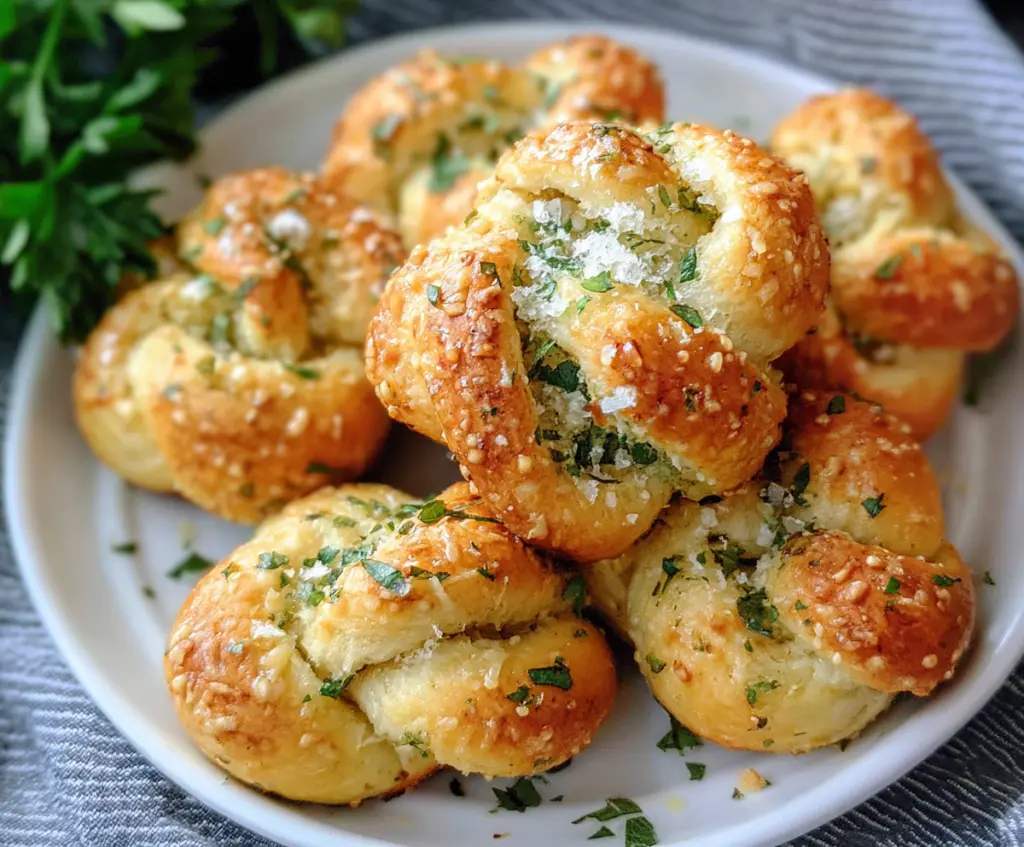 Golden garlic Parmesan knots served on a rustic wooden platter, perfect for appetizer or snack.