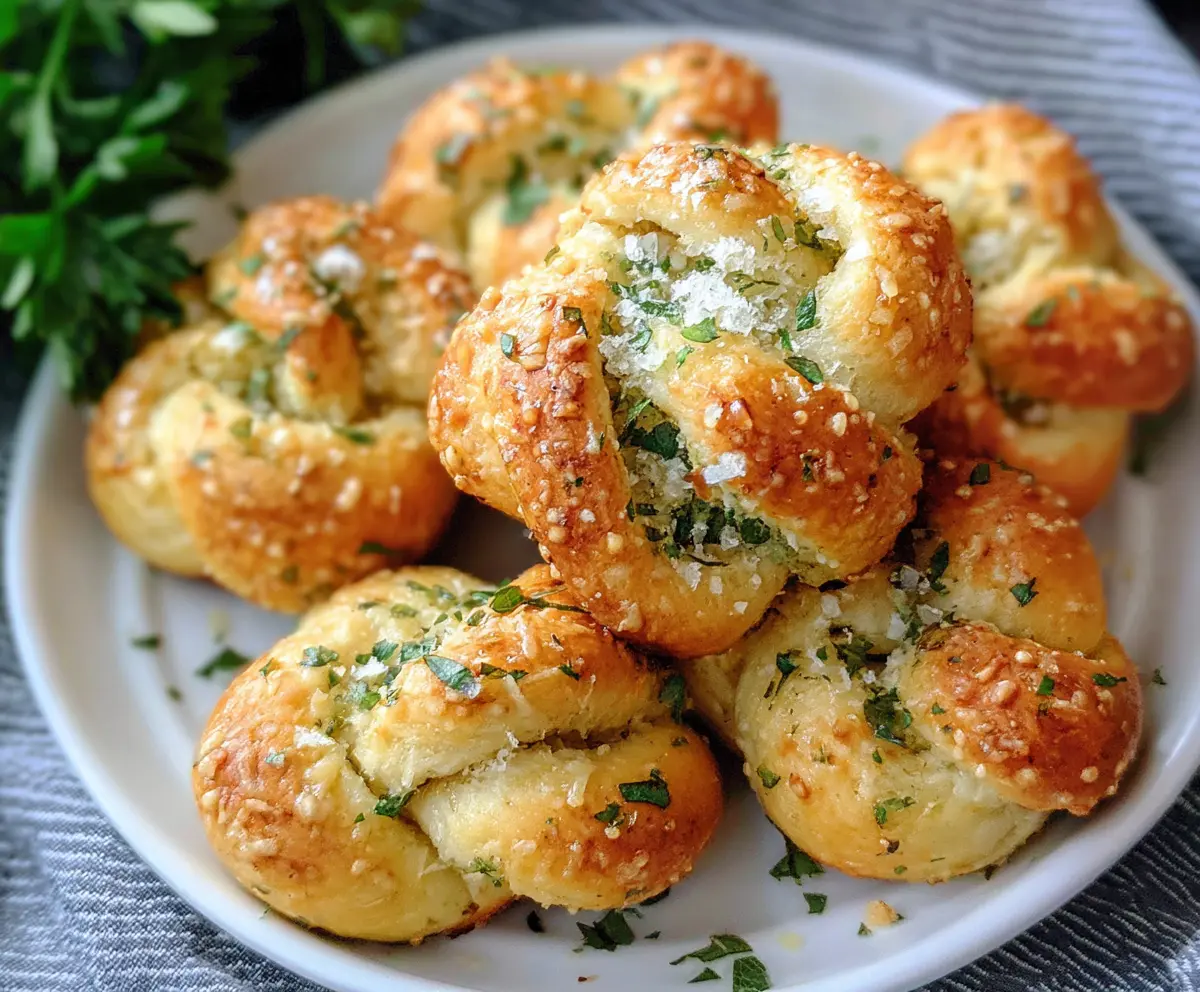 Golden garlic Parmesan knots served on a rustic wooden platter, perfect for appetizer or snack.