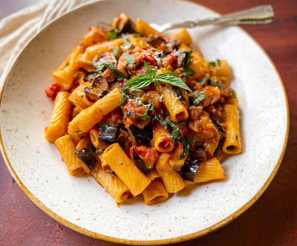 Delicious eggplant pasta served with fresh herbs and tomato sauce
