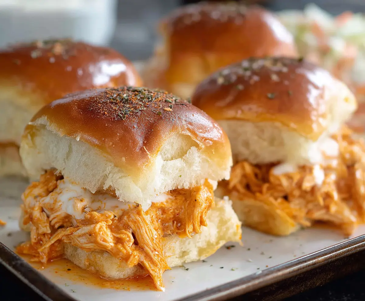 Delicious Fiery Buffalo Chicken Sliders Bake with crispy buns and spicy chicken filling