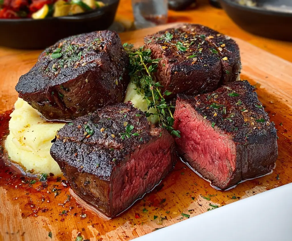 Juicy filet mignon steak cooked to perfection on a dining plate.