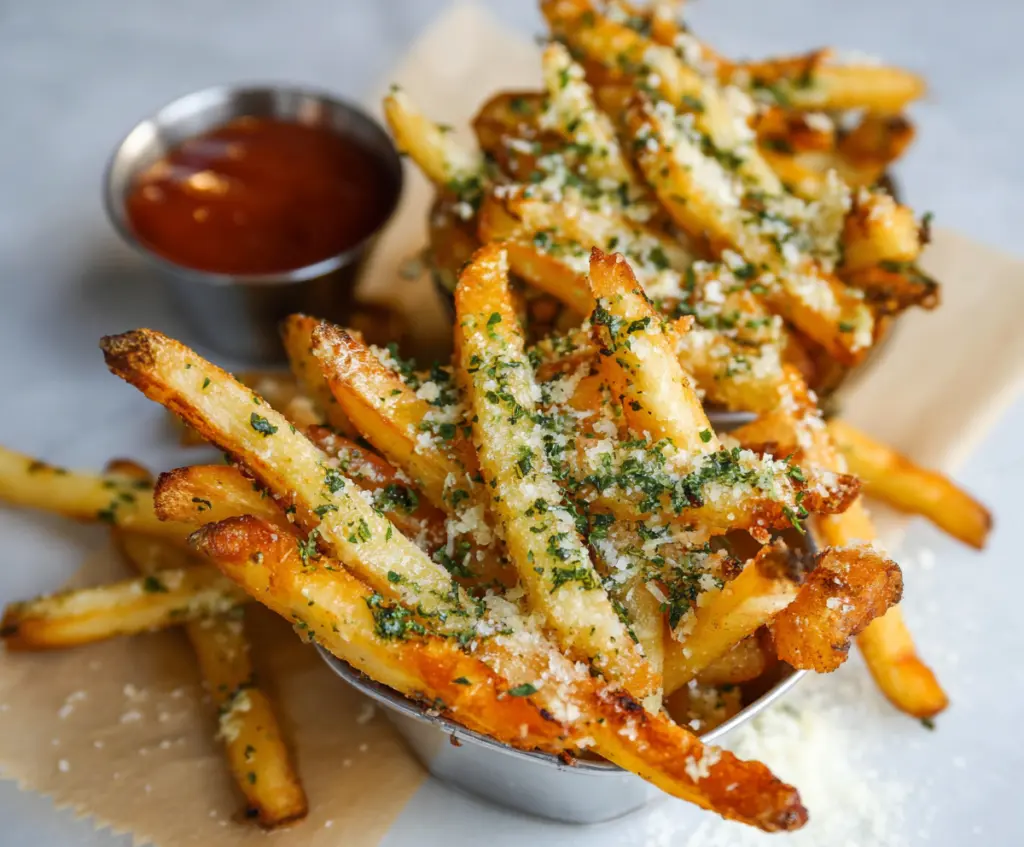Delicious garlic and parmesan fries served hot with crispy golden edges.