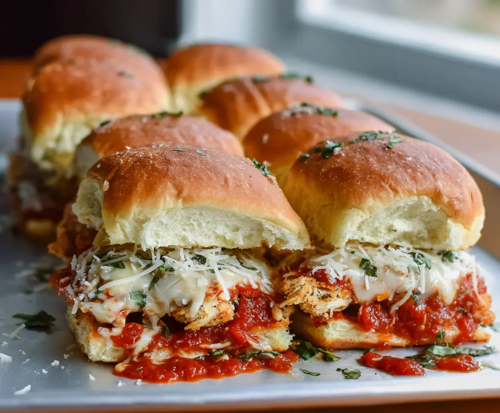 Delicious Garlic Chicken Parmesan Sliders with melty cheese and crispy bread rolls