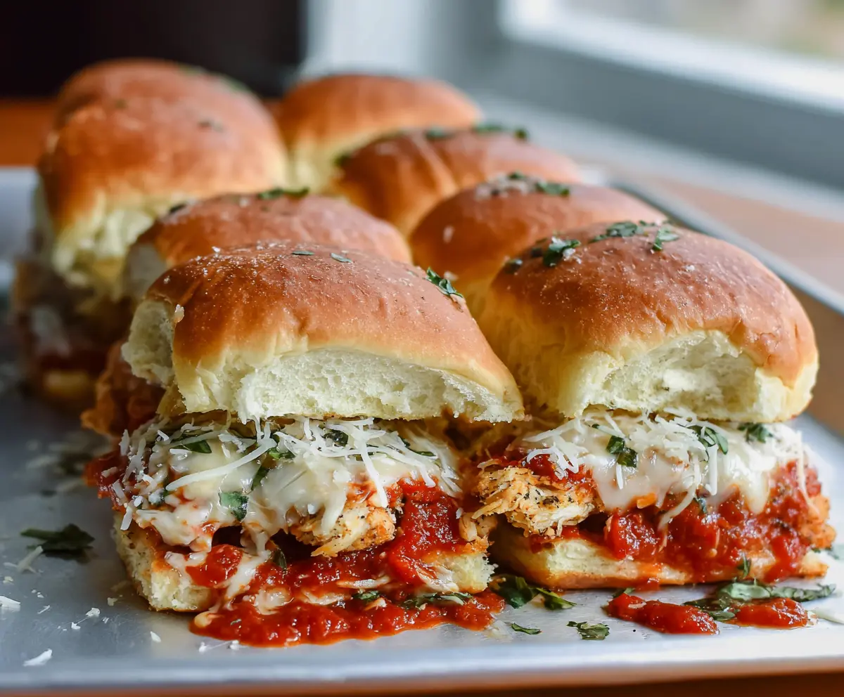 Delicious Garlic Chicken Parmesan Sliders with melty cheese and crispy bread rolls
