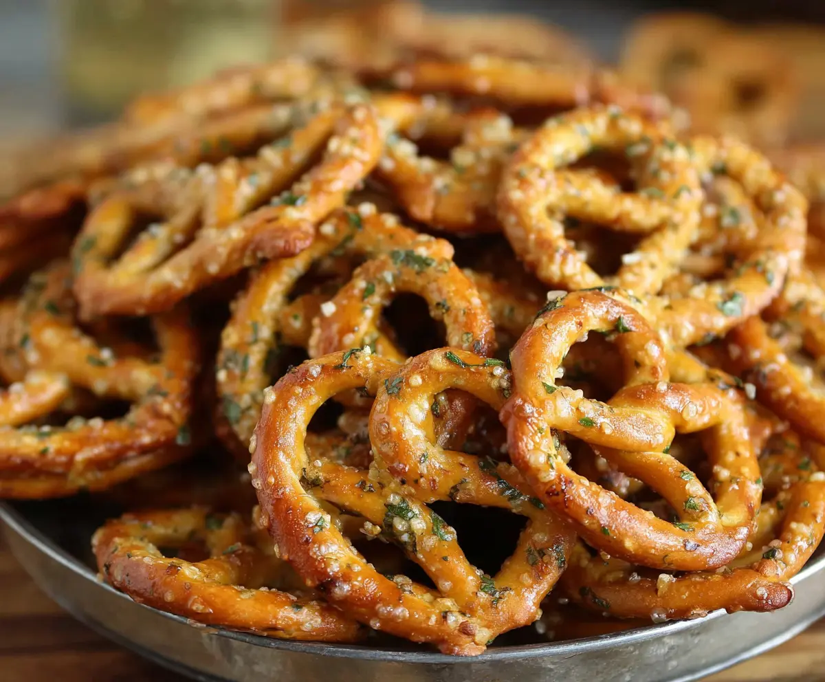 Delicious garlic ranch pretzels with a crispy, seasoned coating, perfect for snacking.