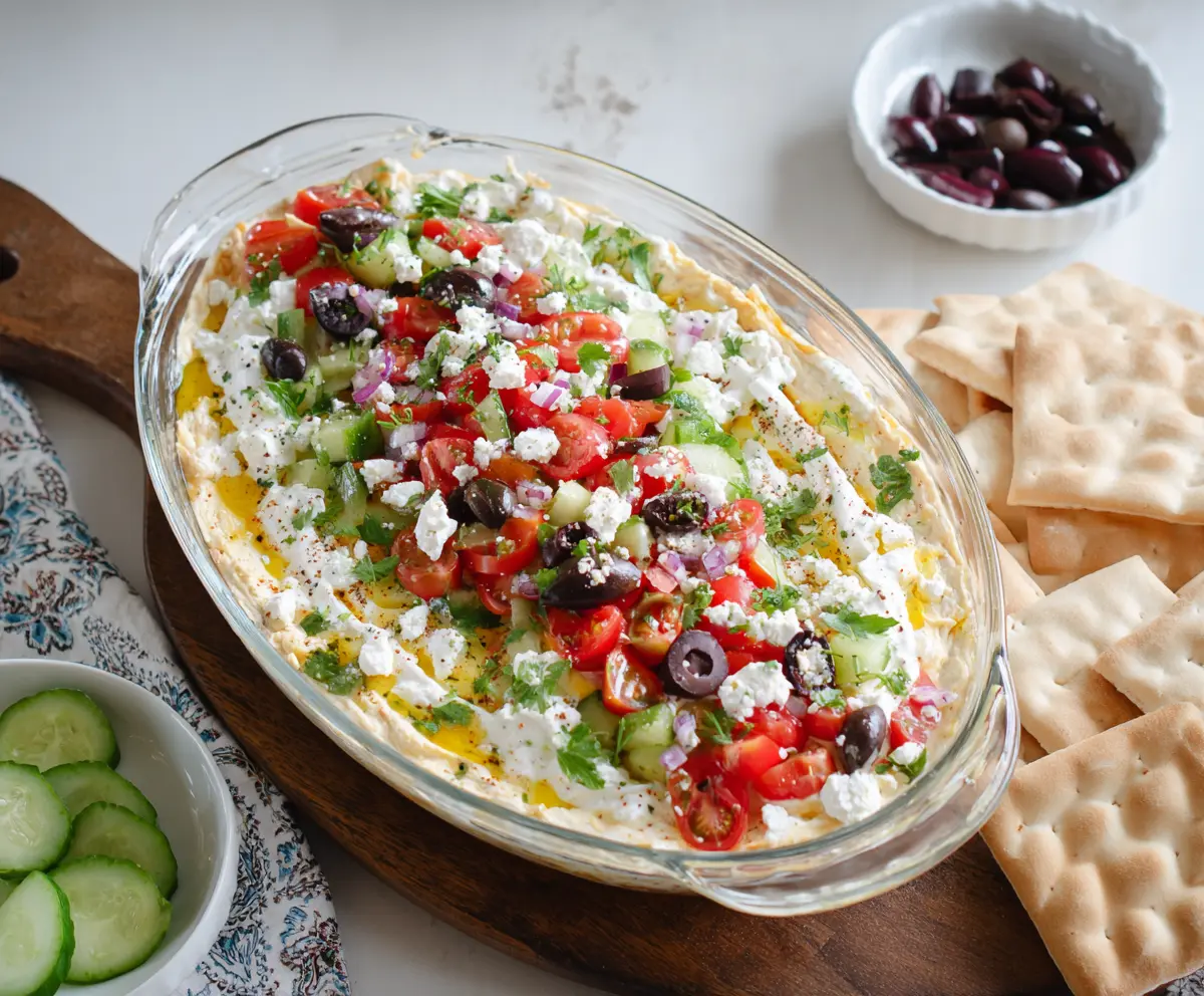 Layered Greek Dip with fresh vegetables, olives, and feta cheese, perfect for parties and snacks.