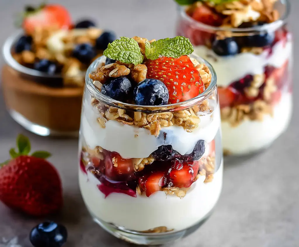Creamy Greek yogurt parfait layered with fresh berries and granola in a glass bowl.