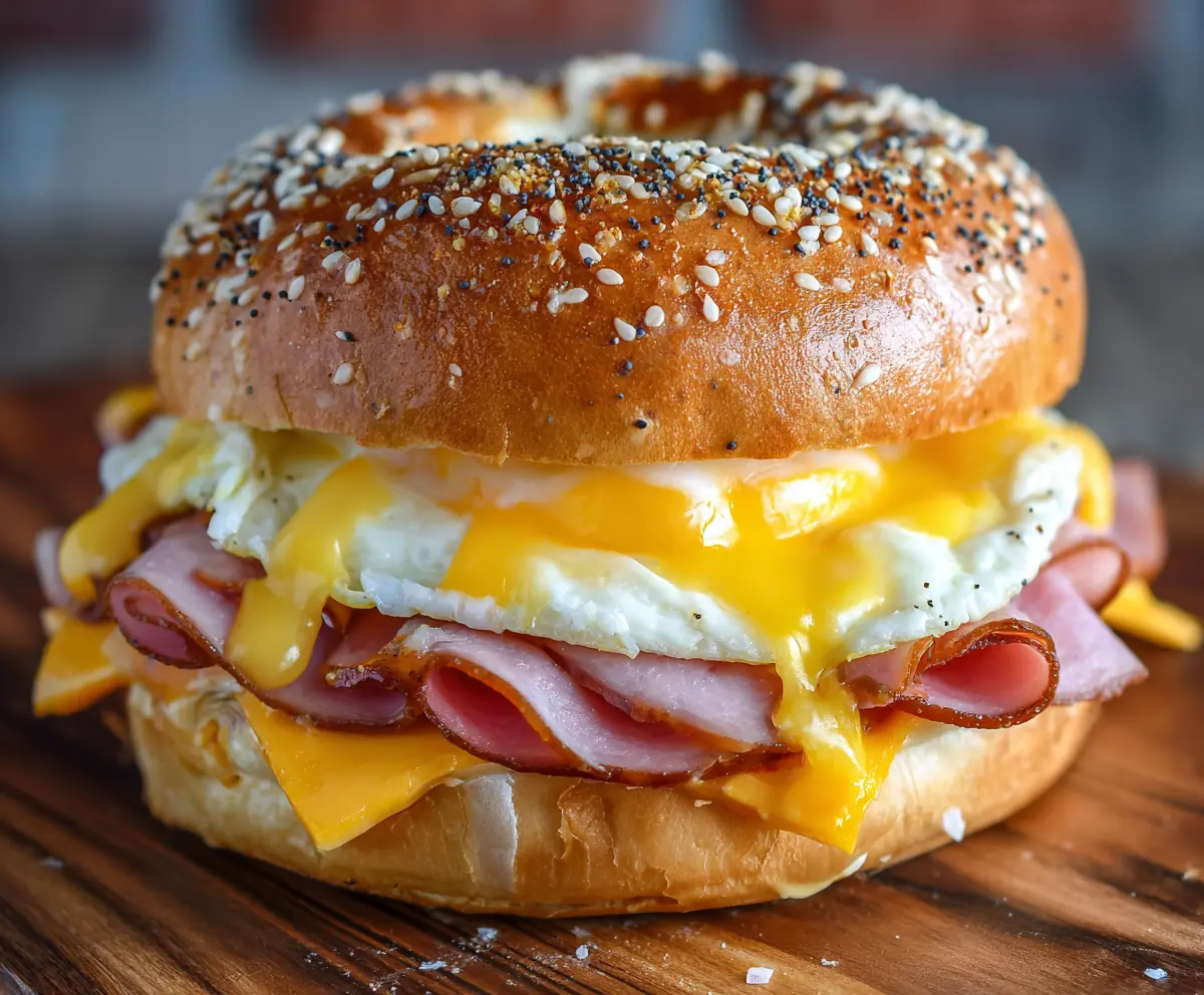 Delicious ham, egg, and cheese breakfast sandwich, perfect for a hearty morning meal