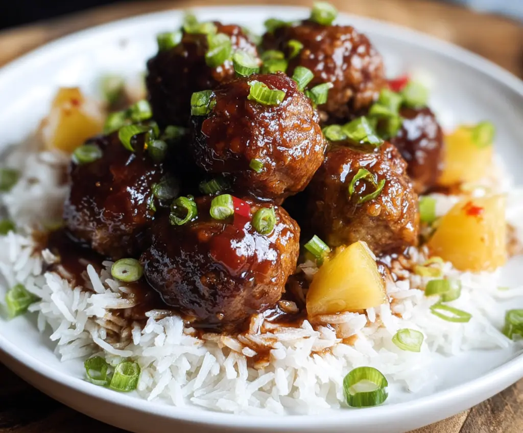 Delicious Hawaiian Meatballs served with pineapple and rice on a white plate