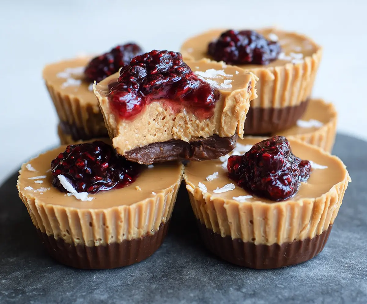 Delicious healthy peanut butter and jelly cups with fresh fruit and nut butter in a clear glass bowl.