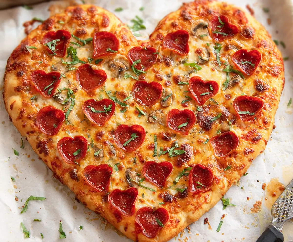 Delicious heart-shaped pizza topped with fresh ingredients for a romantic meal.