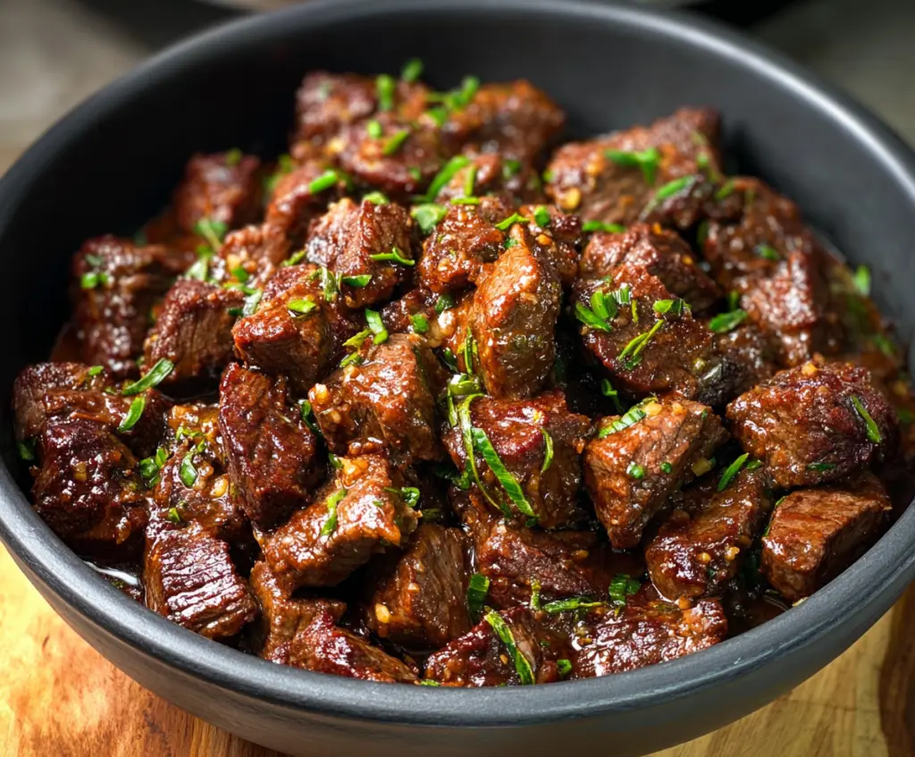 Delicious high protein slow cooker garlic butter beef bites served on a plate.