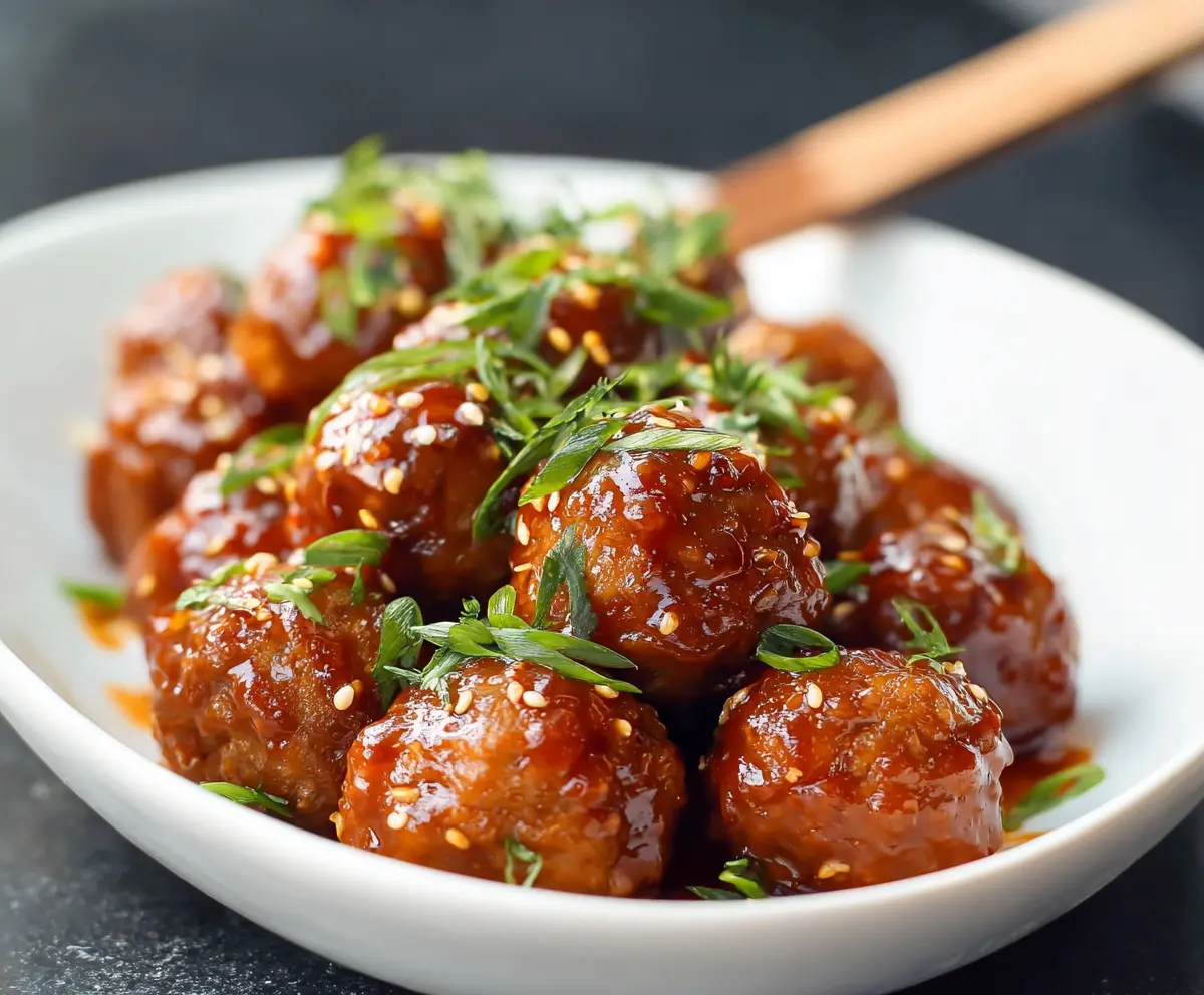 Juicy honey sriracha glazed meatballs on a white plate, garnished with fresh herbs.