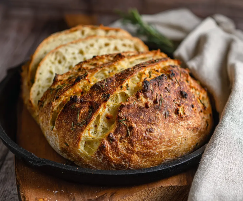 Freshly baked Italian herb and cheese sourdough bread with golden crust and aromatic herbs.