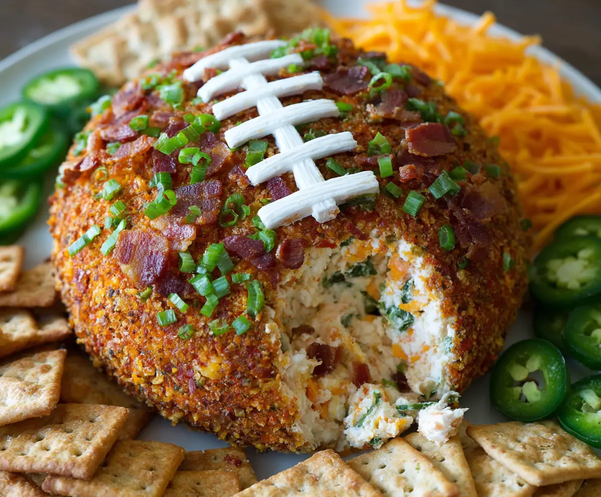 Creamy Jalapeño Popper Football Cheese Ball topped with chopped jalapeños and crispy bacon for a delicious party appetizer.