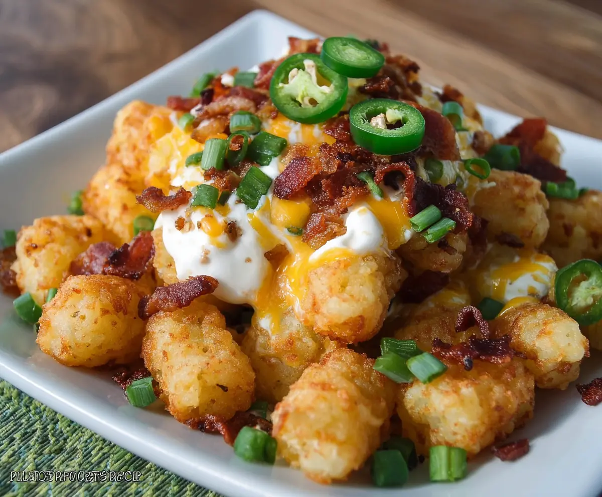 Delicious jalapeno popper tater tots topped with melted cheese and crispy bacon, perfect for appetizer or snack.