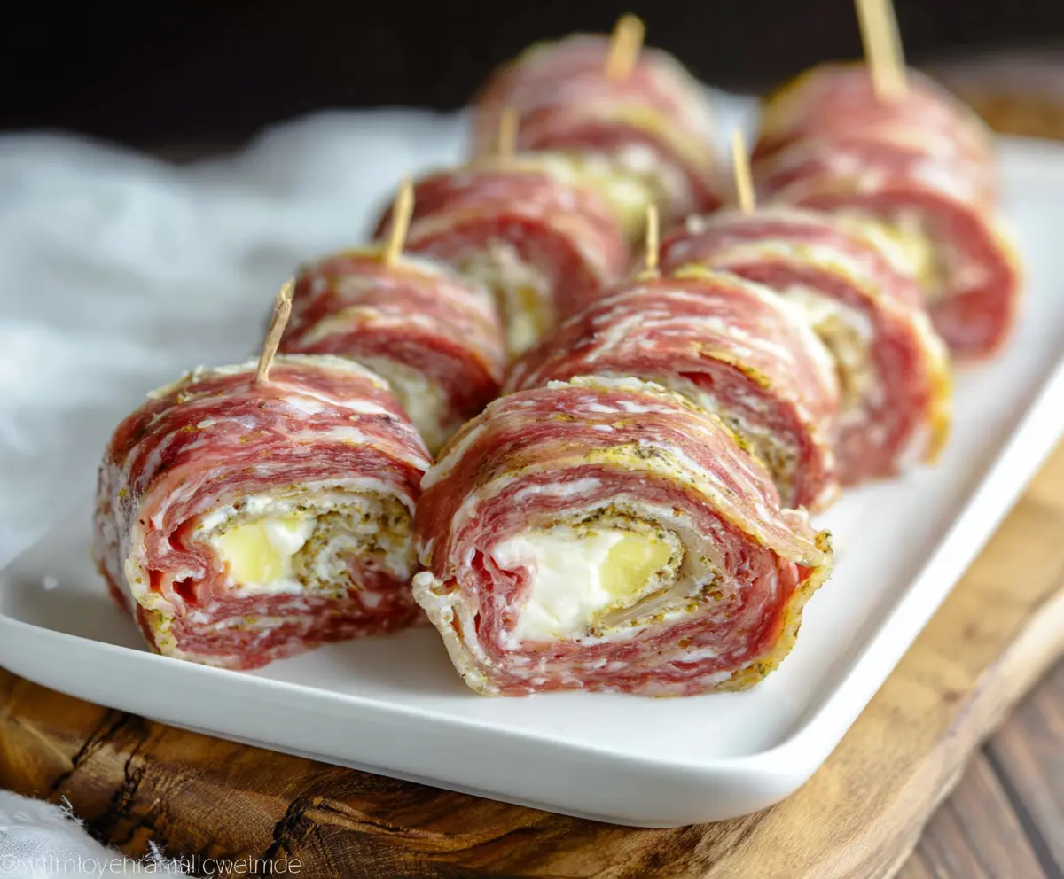 Delicious keto salami roll-ups filled with cheese and fresh herbs, perfect low-carb snack.