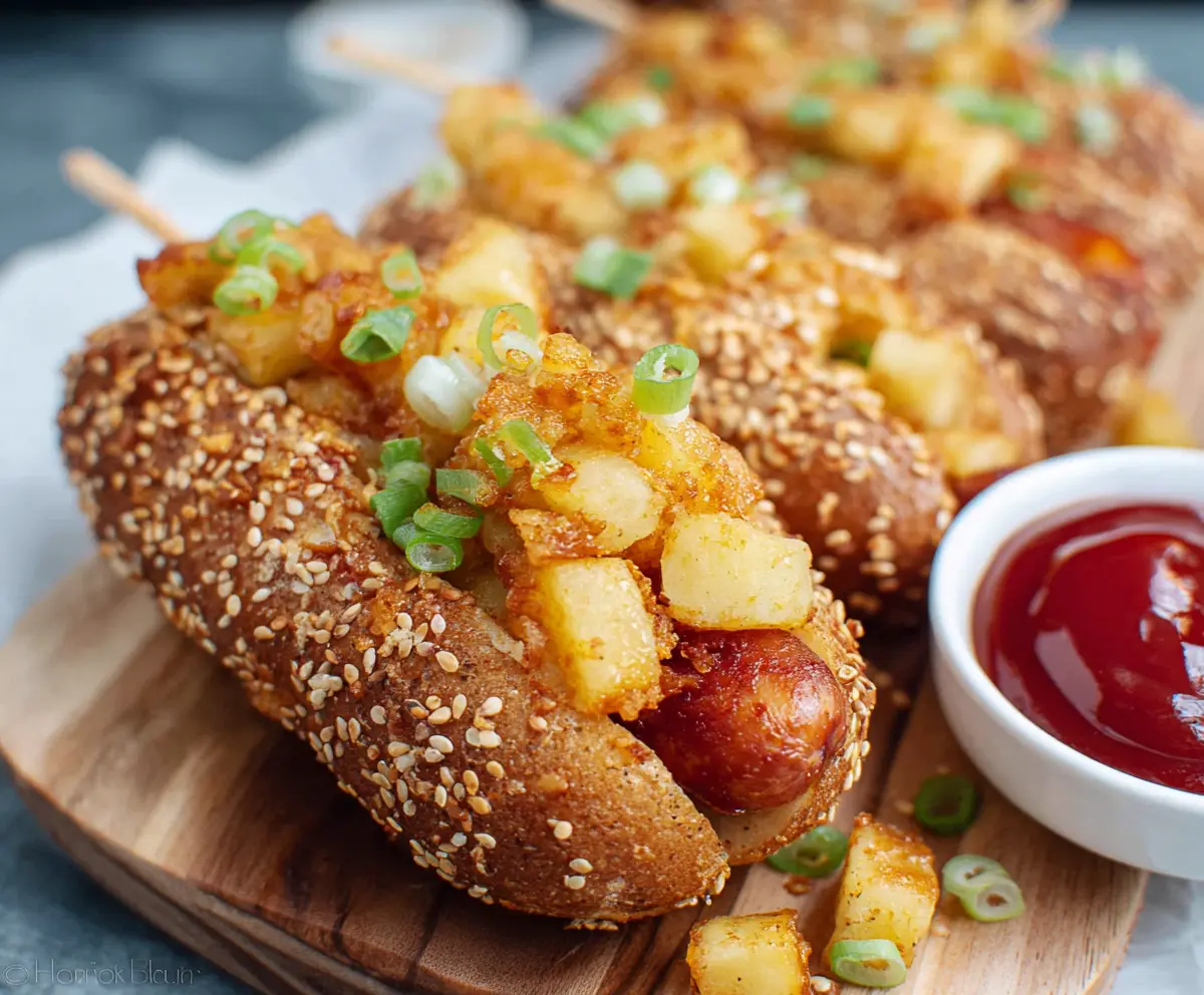 Crunchy Korean Potato Hot Dog with melted cheese and crispy exterior on a plate.