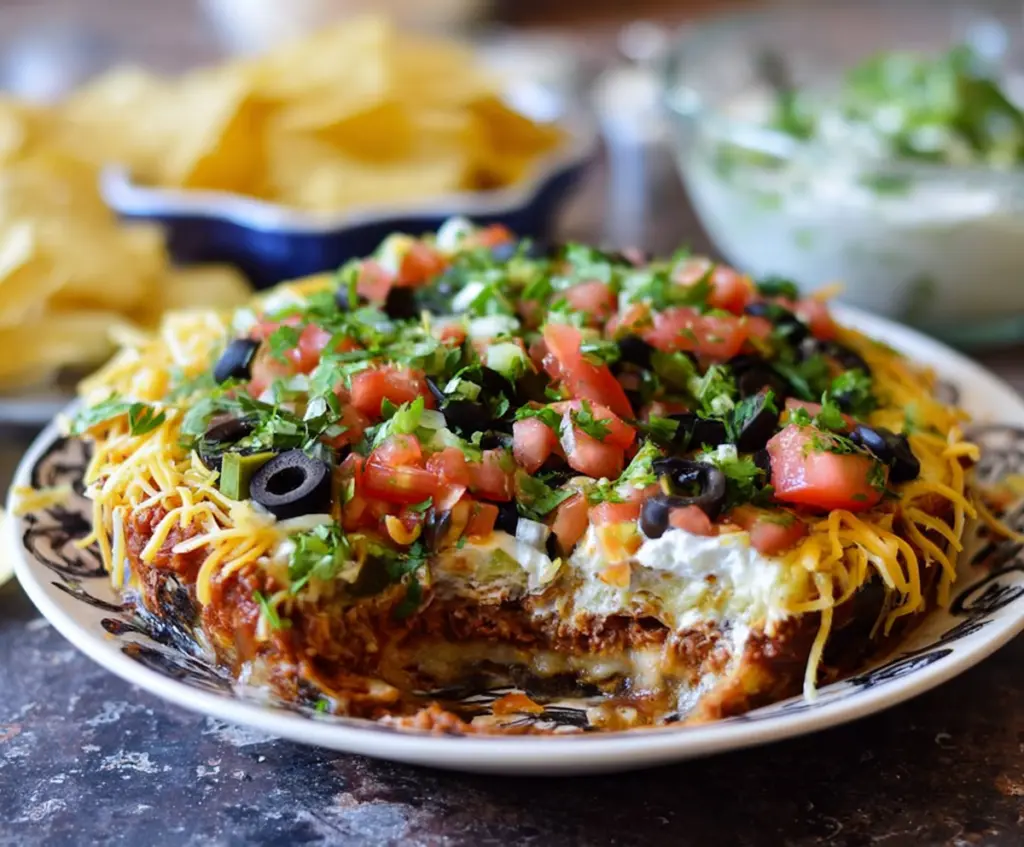 Delicious layered Tex-Mex dip with colorful ingredients served in a white bowl.