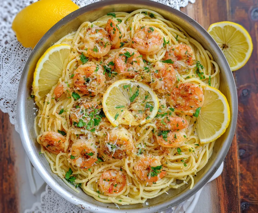 Delicious Lemon Garlic Parmesan Shrimp Pasta served on a plate, garnished with fresh herbs.