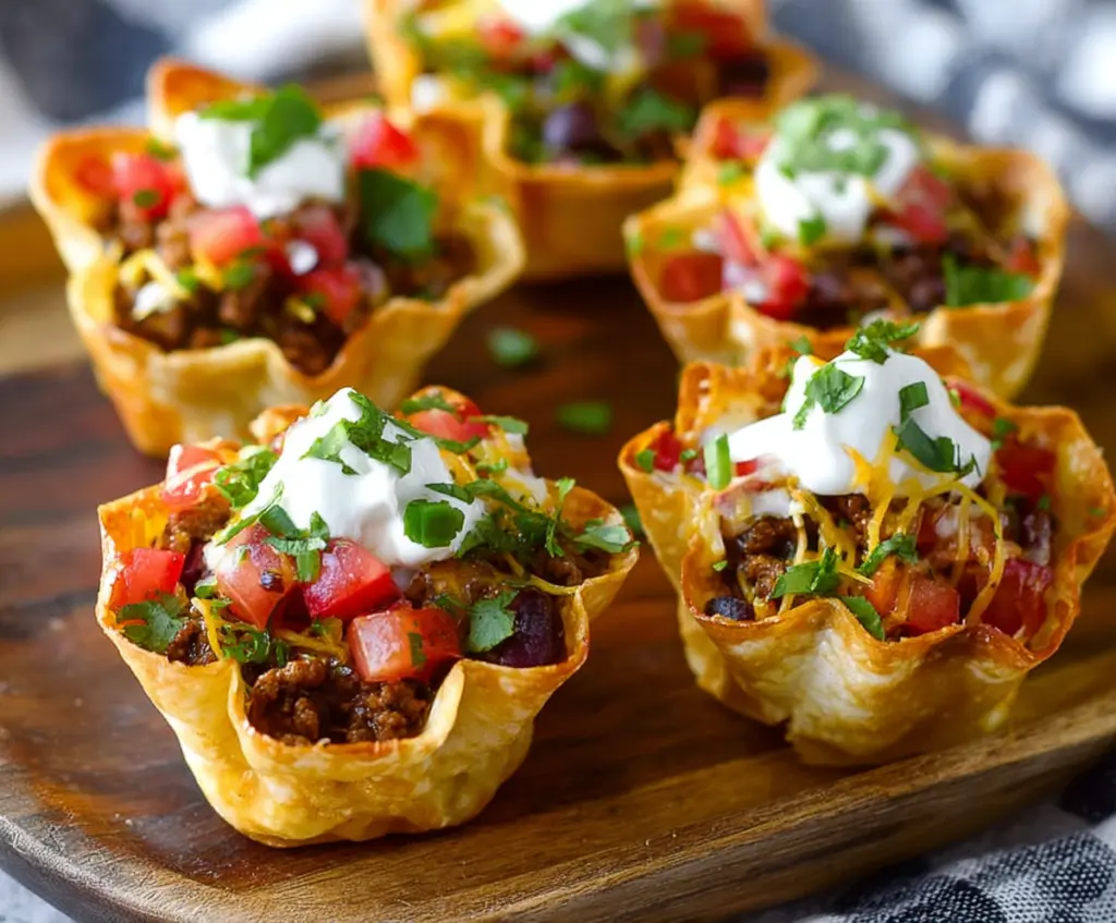 Delicious Lil Taco Cups filled with seasoned meat and fresh toppings, perfect for snack time.