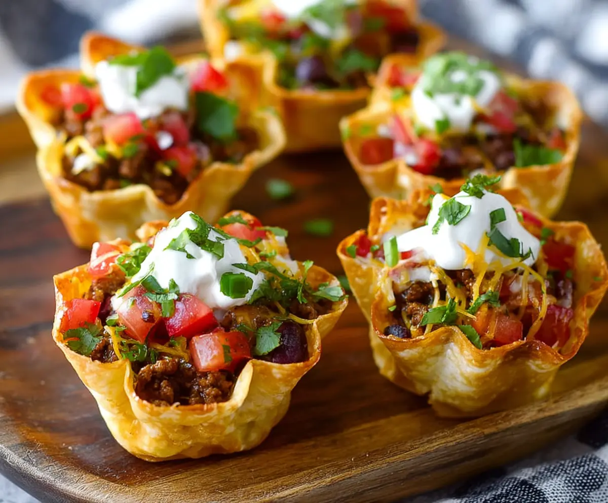 Delicious Lil Taco Cups filled with seasoned meat and fresh toppings, perfect for snack time.