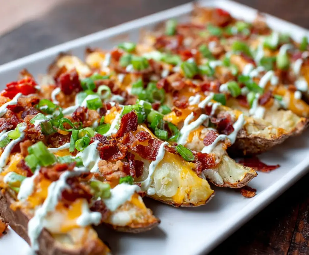 Crispy loaded baked potato wedges topped with cheese, bacon, and green onions served on a plate.