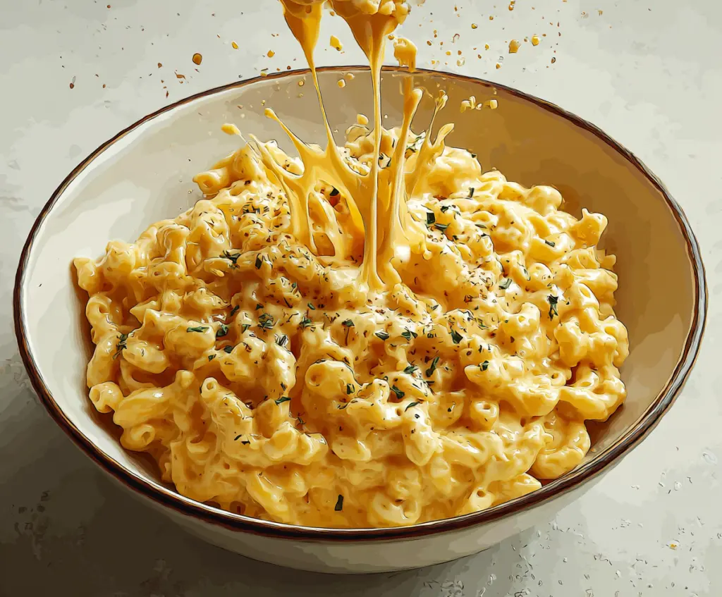 Creamy homemade mac and cheese served in a bowl with melted cheese on top