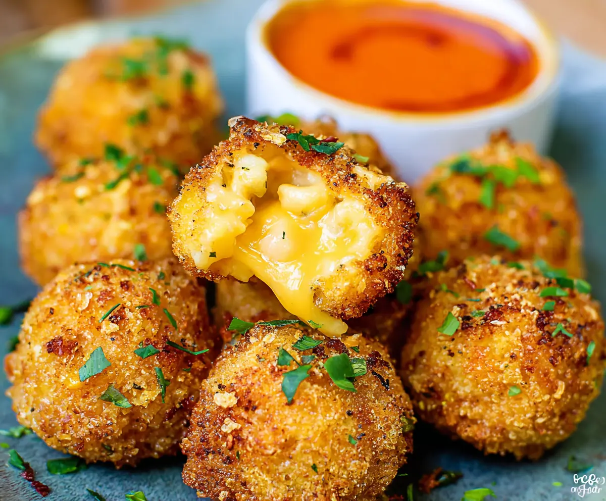 Delicious crispy Mac and Cheese Bites on a white plate, perfect for snacking and party appetizers.