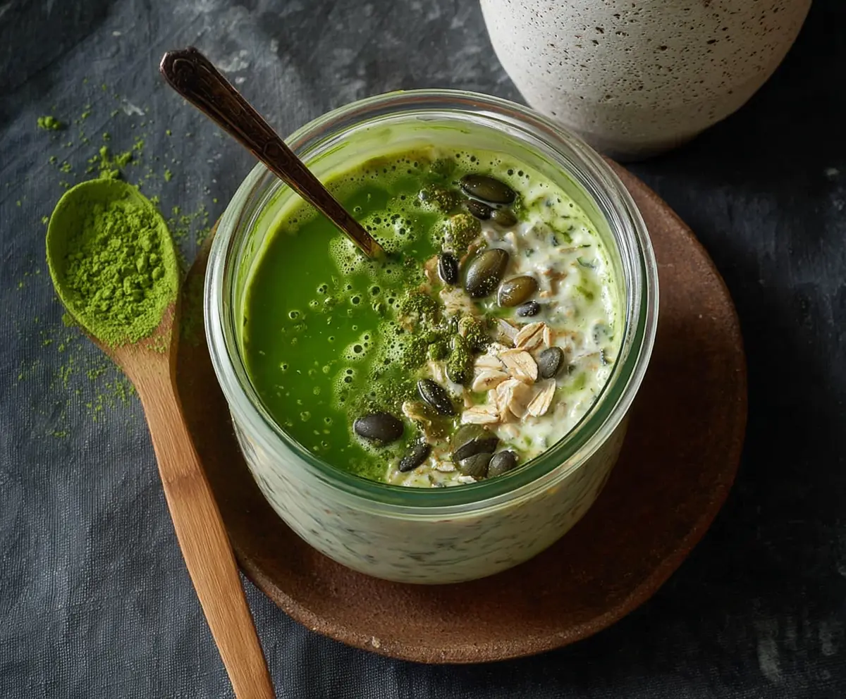 Creamy matcha latte overnight oats served in a glass jar with fresh toppings.