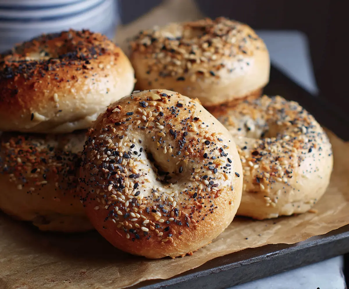 Homemade no yeast sourdough discard bagels arranged on a wooden board, showcasing golden-brown crust and chewy texture.