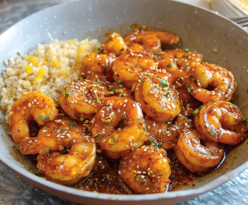 Juicy orange honey garlic shrimp dish garnished with fresh herbs on a white plate.