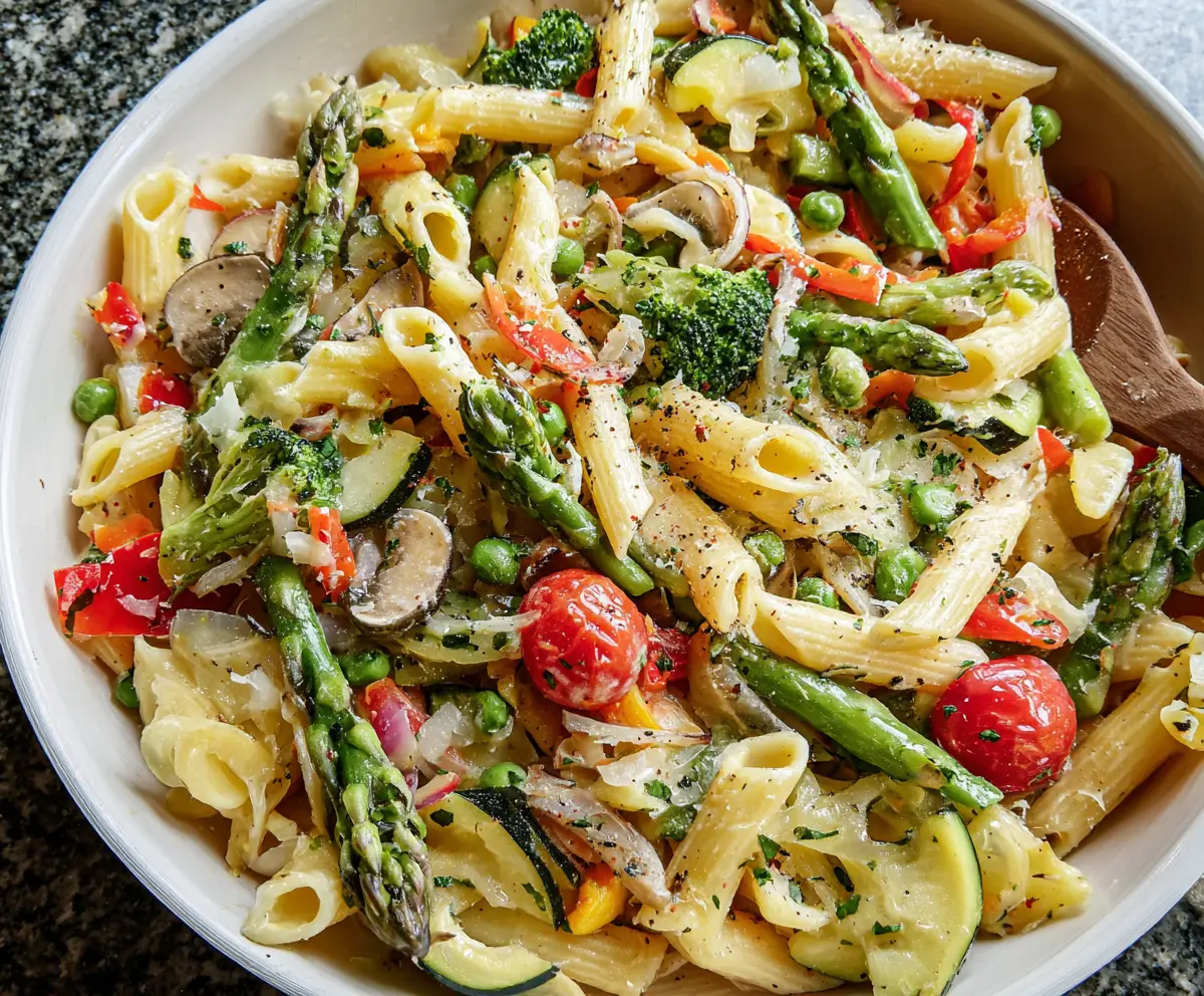 Colorful Pasta Primavera with fresh vegetables and herbs on a white plate