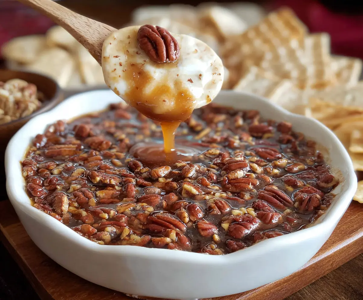 Delicious pecan pie dip topped with chopped pecans and caramel drizzle, perfect for dessert or snack.